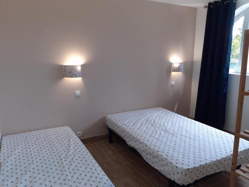 1 dormitorio con 2 camas y 2 luces en la pared en Gîte Gard 4-5 personnes Piscine et rivière, en Saint-Julien-de-Cassagnas