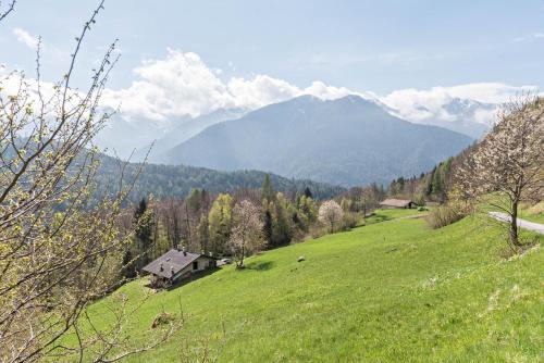 a house in a field with mountains in the background at Baita Rustica immersa nel verde in Roncone