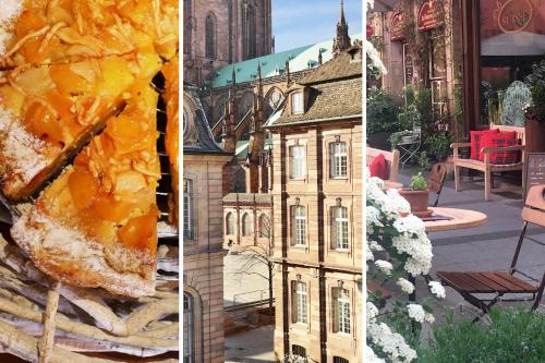 two pictures of a gingerbread house and a building at Hotel Suisse in Strasbourg