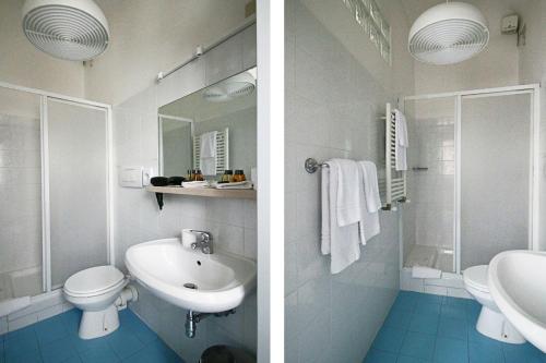 two pictures of a bathroom with a sink and a toilet at Olga's House in Florence