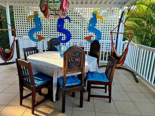 a table and chairs on a balcony with a sign at Ruby Sands Exclusive Holiday home in Ballito