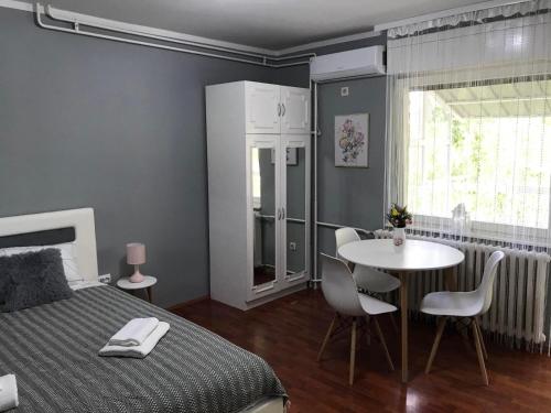 ein Schlafzimmer mit einem Bett und einem Tisch und Stühlen in der Unterkunft Apartman studio Pavle i Petra in Sremski Karlovci