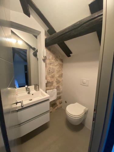 a bathroom with a white toilet and a sink at 18th Century Villa in the UNESCO Bay of Kotor in Kotor
