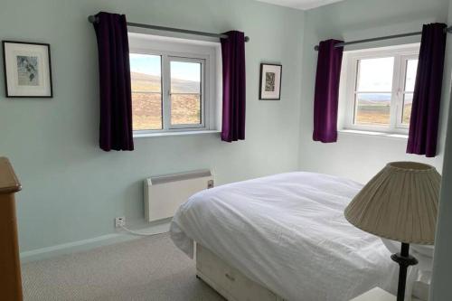 a bedroom with a bed and two windows at Kingsdale Head Cottage in Weathercote