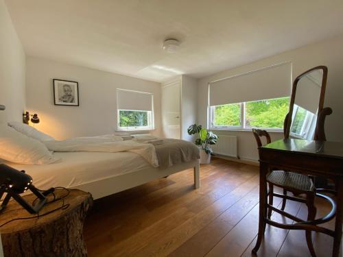 1 dormitorio con cama, escritorio y espejo en Ecolodge Bergzicht de Bosuil - vakantiehuis aan het bos, en Lochem