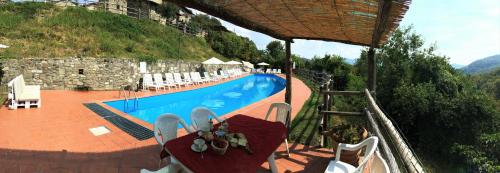 a view of a swimming pool with a table and chairs at Agriturismo Montagna Verde Apella in Licciana Nardi
