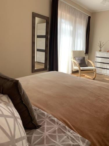 una camera da letto con un letto grande con una sedia e uno specchio di Miseta Apartman a Fonyód