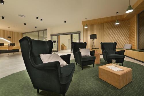 a living room with two chairs and a coffee table at Hotel Element in Lipno nad Vltavou