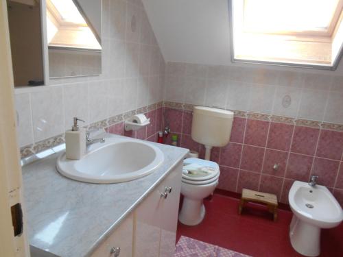 un bagno con lavandino, water e finestra di Miseta Apartman a Fonyód
