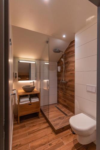 une salle de bain avec une douche, des toilettes et un lavabo dans l'établissement Auberge De La Croix Perrin, à Lans-en-Vercors