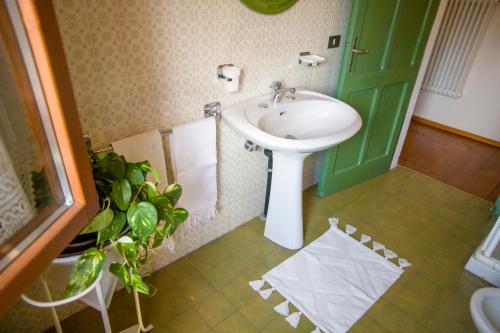 uma casa de banho com um lavatório e uma porta verde em Agriturismo Corte Galvagnina em Cesole