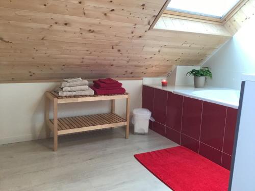 a attic bathroom with a sink and a red rug at Espace Acu-Nature in Saint-Évarzec