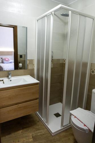 a bathroom with a shower and a sink and a toilet at Alojamientos Rurales Entre Rocas in Ayna