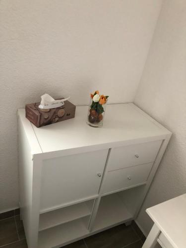 a white dresser with a box and a vase on it at Gästehaus Glock in Marbach am Neckar