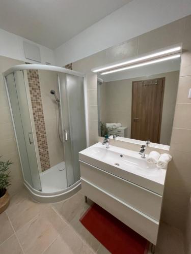 a bathroom with a sink and a shower and a mirror at Vízpart Honvéd Apartman in Balatonlelle