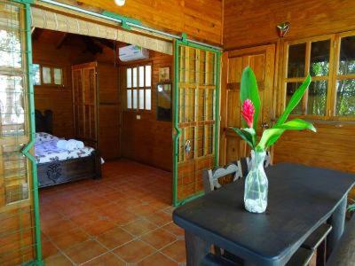 a vase with a flower on a table in a room at FLOR DE PARAISO BUNGALOWS in Montezuma