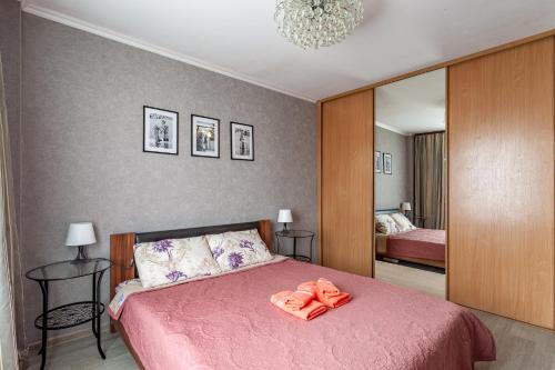 1 dormitorio con 1 cama con manta rosa y espejo en Standard Brusnika Apartment on Eniseyskaya, en Moscú
