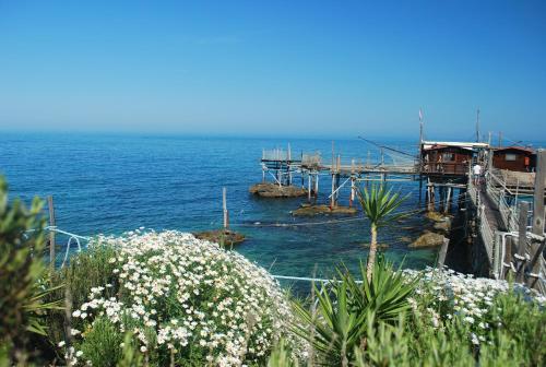 a dock in the ocean with flowers in the foreground at Agriturismo Villa Vetiche in Rocca San Giovanni