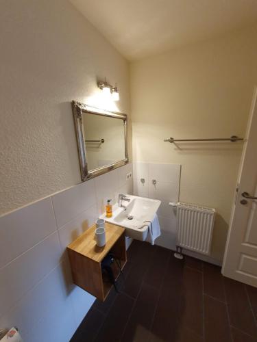 a bathroom with a sink and a mirror at Pension am Kirschgarten in Gößweinstein