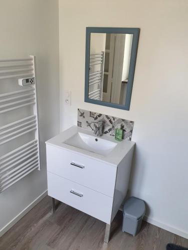 a bathroom with a white sink and a mirror at Le gîte du Puits Aubert in Brézé