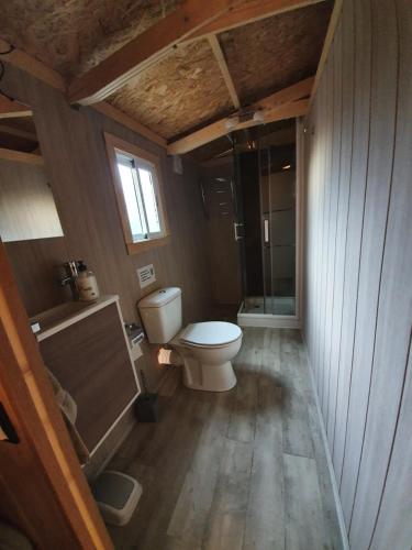 a bathroom with a toilet and a glass shower at Little house in Vacarisas