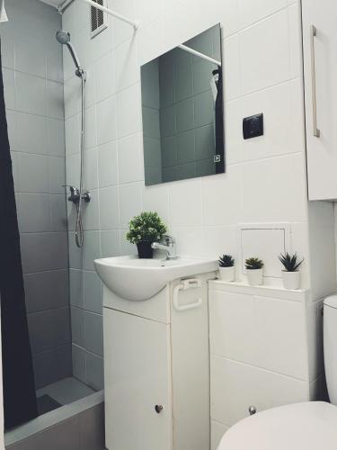 a white bathroom with a sink and a shower at Rooms4Less in Gdańsk