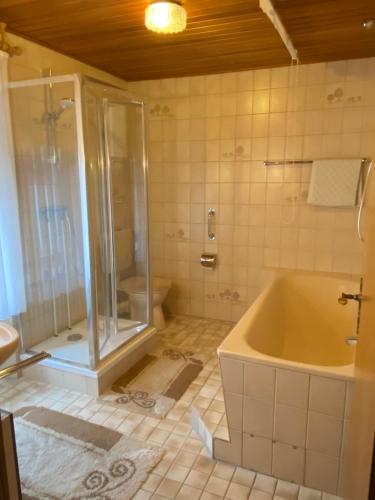 ピースポルトにあるKleines Ferienhaus Nicoleのバスルーム(シャワー、バスタブ付)が備わります。