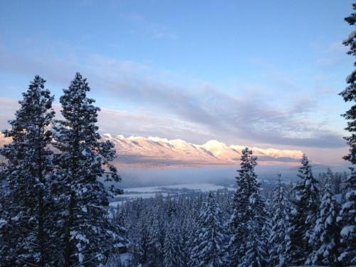 a view of a snowy mountain range with snow covered trees at Cedar House Restaurant & Chalets in Golden