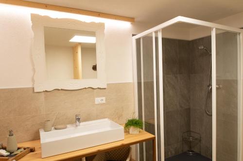a bathroom with a sink and a shower at L' aurora in Pieve Tesino