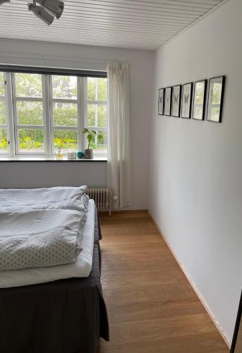 a bedroom with a bed and two windows at Købmandsgården i Grundfør in Hinnerup