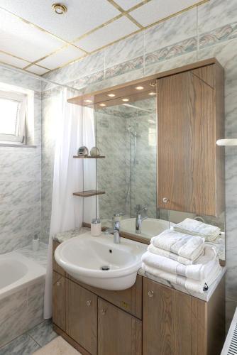 a bathroom with a sink and a tub and a mirror at Apartment Franko in Radovljica
