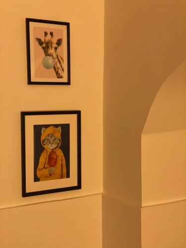 two framed pictures of a cat and a giraffe on a wall at Santafe' in Vietri sul Mare