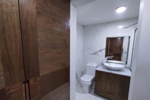 a bathroom with a sink and a toilet and a mirror at Singular Sócrates in Mexico City