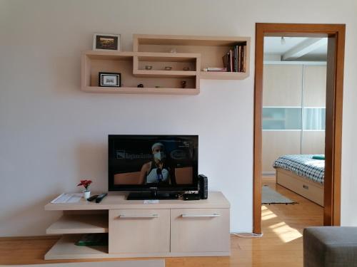 sala de estar con TV de pantalla plana en un soporte en Apartman Breza en Kruševac