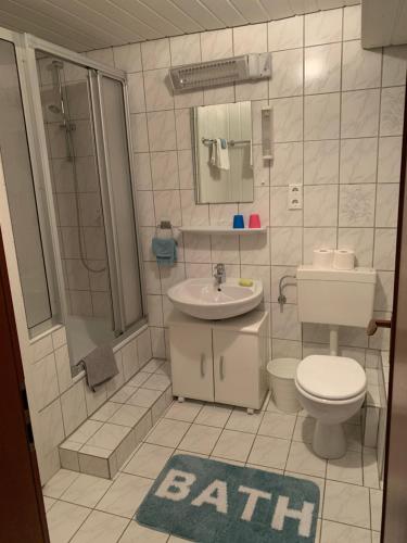y baño con aseo, lavabo y ducha. en Idyllisches Zimmer in ruhiger Lage Boppard am Rhein, en Boppard