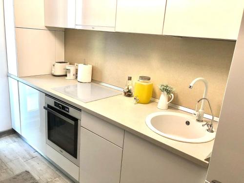 Virtuvė arba virtuvėlė apgyvendinimo įstaigoje Apartament Rai Alezzi Beach Resort Mamaia Nord