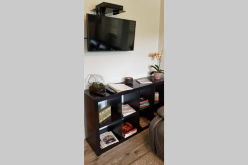 a living room with a television on a shelf at Lakehouse has Spectacular View plus Easy Access! in Rogers