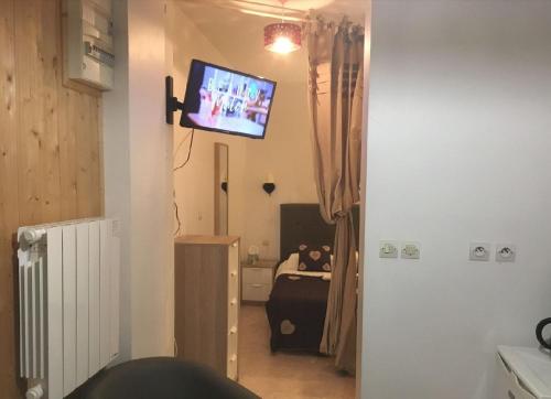 a room with a television on a wall with a bed at Les mélèzes in Le Mont-Dore