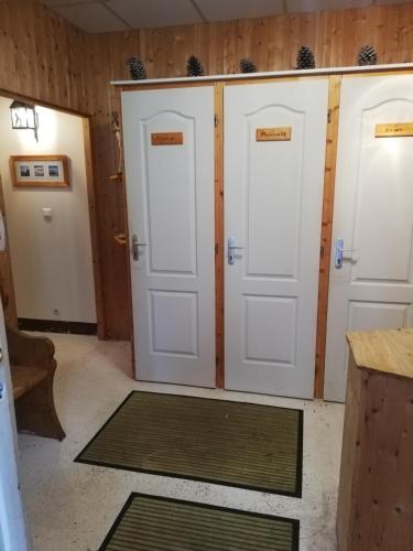 two white doors in a room with mats at Les mélèzes in Le Mont-Dore