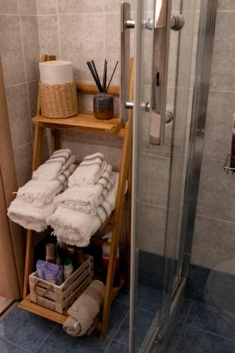 a bathroom with a shower and a rack with towels at Langi Apartments in Mesolongion
