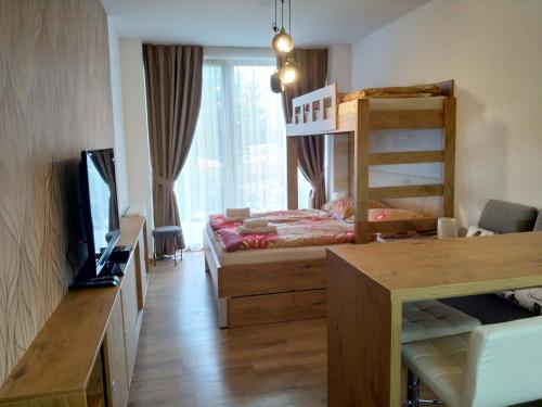 Leda apartmán, Starý Smokovec, Vysoké Tatry في ستاري سموكوفيتش: غرفة نوم مع سرير بطابقين وتلفزيون