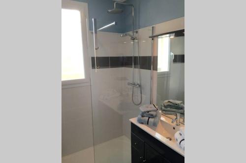 een badkamer met een douche, een wastafel en een spiegel bij la serenité in Saint-Vivien-de-Monségur