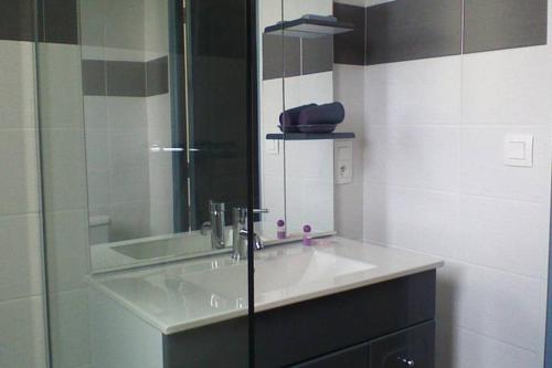 a bathroom with a sink and a mirror at la serenité in Saint-Vivien-de-Monségur
