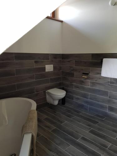a bathroom with a toilet and a bath tub at Chata Kvilda in Kvilda