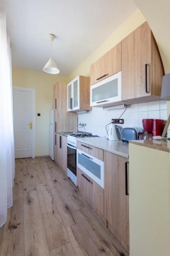 a kitchen with wooden cabinets and wooden floors at Sunny Beach in Zánka