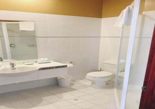 a bathroom with a toilet and a sink and a shower at VR Hamilton in Hamilton