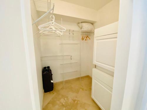 a walk in closet with white cabinets and a glass door at The King David Condos in Miami Beach