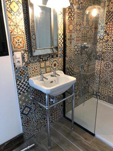 une salle de bain avec un lavabo, un miroir et une douche dans l'établissement L Atelier gîte 3 étoiles avec piscine Le Jas des Oliviers, au Castellet