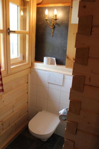 a bathroom with a toilet and a window at Schlosswirt Chalets & Apartments in Großkirchheim