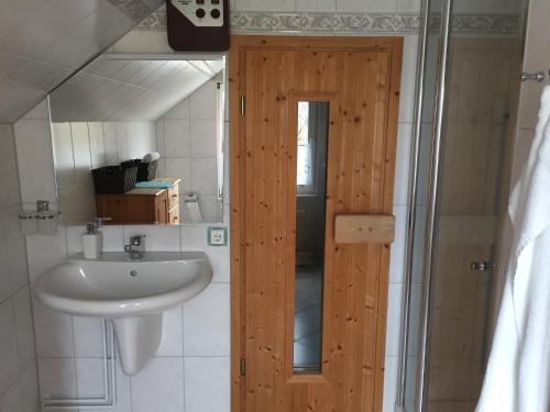 a bathroom with a sink and a wooden door at Parkblick Grüner Salon in Satow
